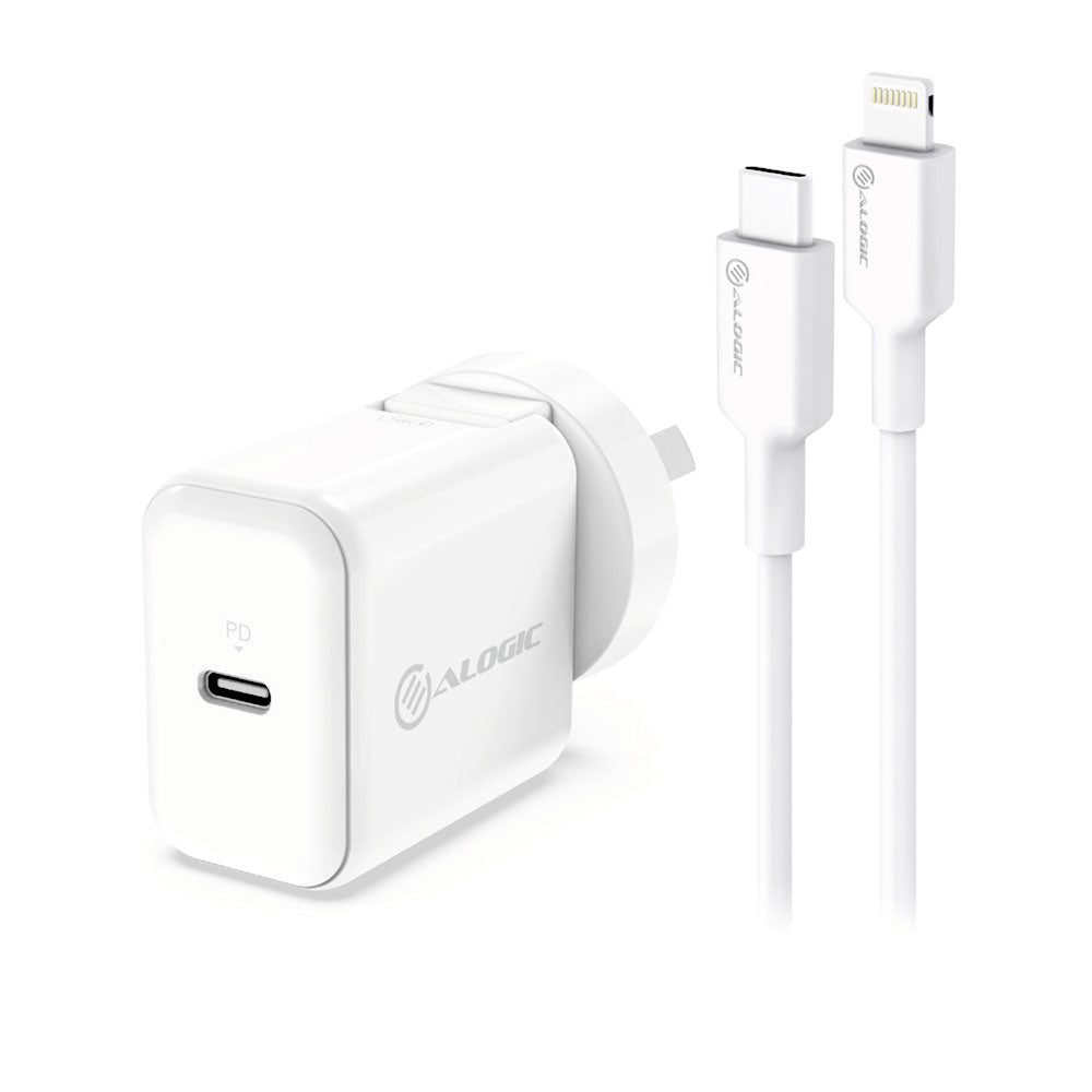 Combo Pack USB-C 18W Wall Charger with Power Delivery and USB-C to Lightning Cable-White