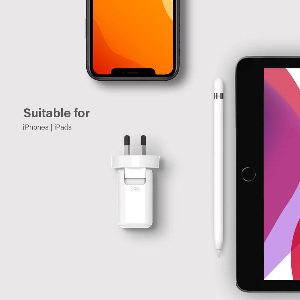 Combo Pack USB-C 18W Wall Charger with Power Delivery and USB-C to Lightning Cable-White