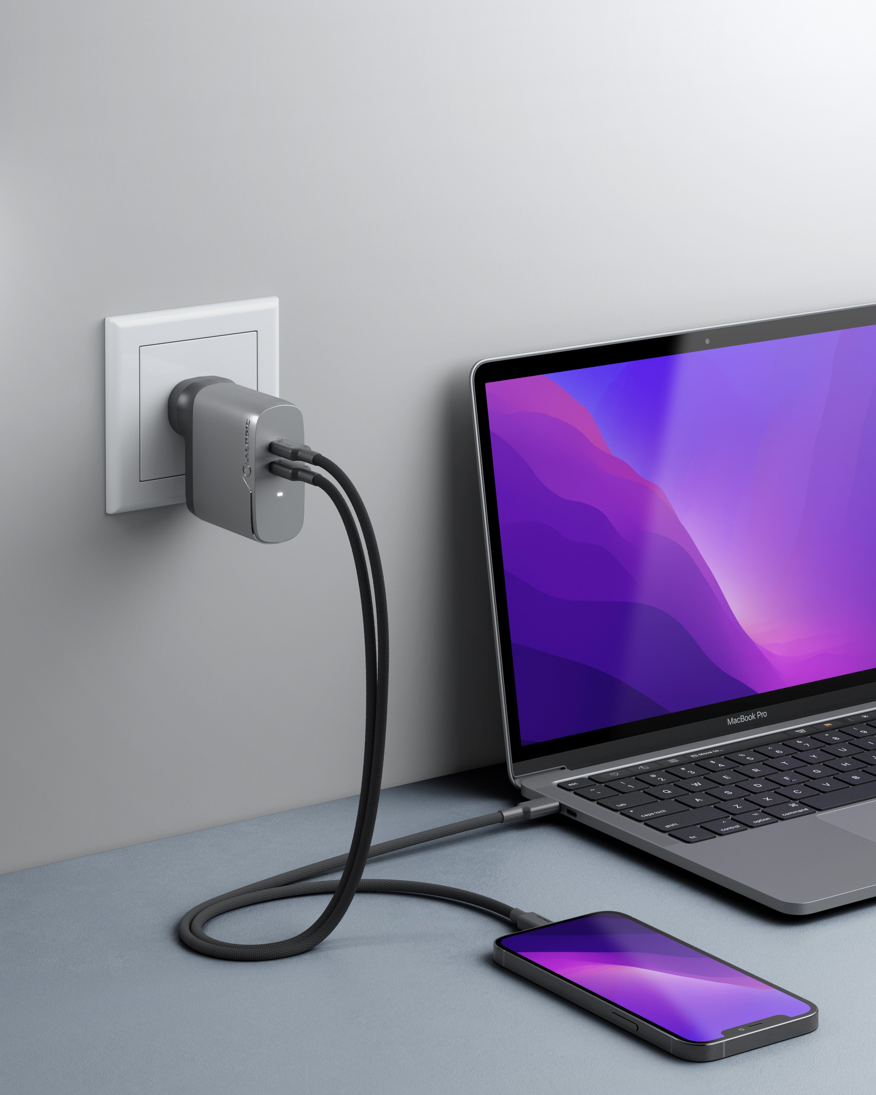 2X68 Rapid Power 68W GaN Charger - Space Grey - Includes 2m 100W USB-C Charging Cable