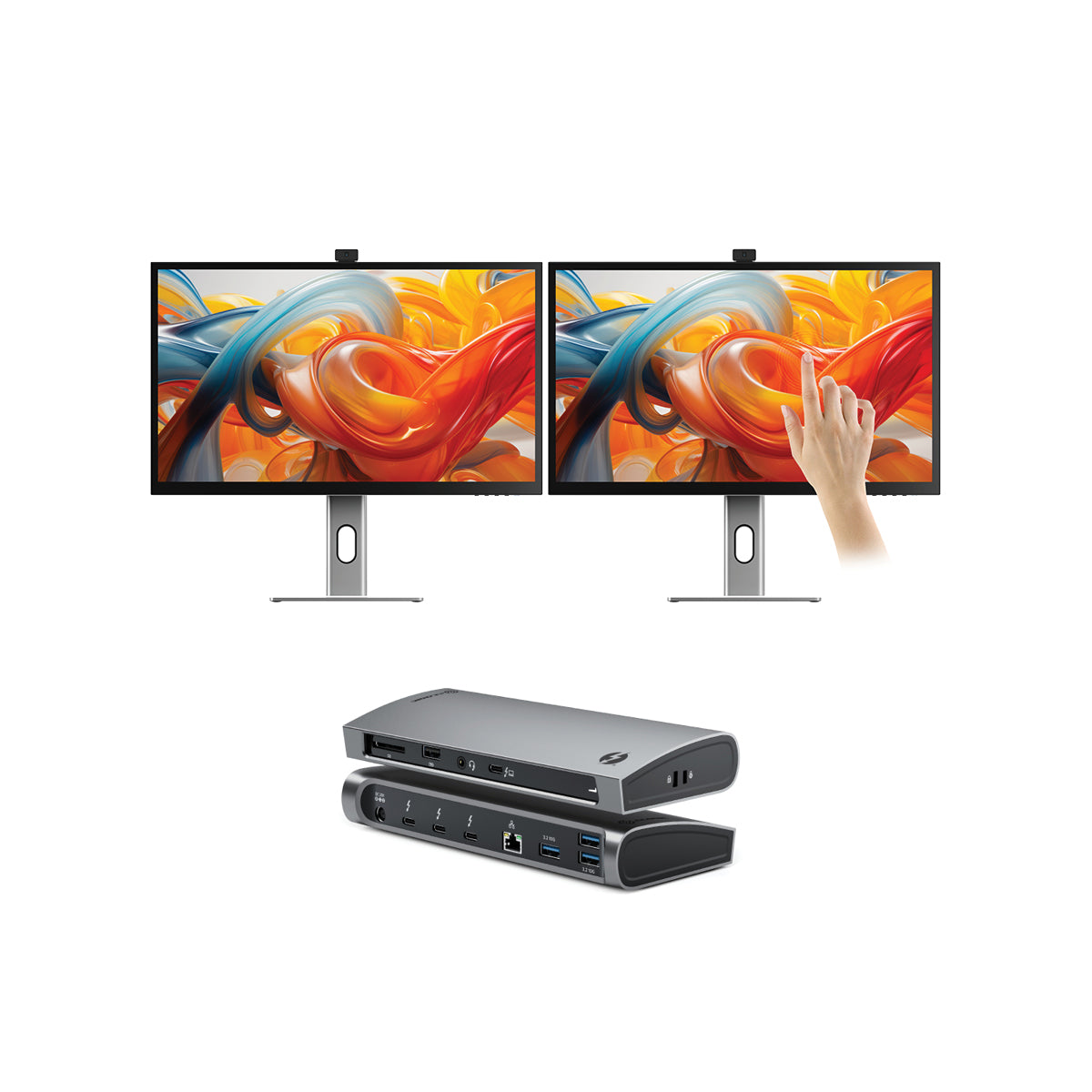 Clarity Pro Touch 27" UHD 4K Monitor with 65W PD, Webcam and Touchscreen (Pack of 2) + Thunderbolt 4 BLAZE Docking Station