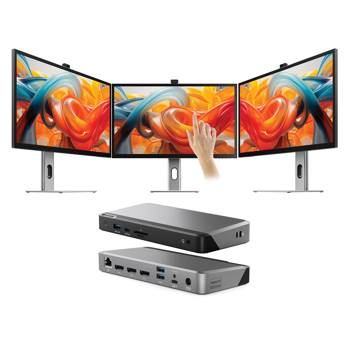 Clarity Pro Touch 27" UHD 4K Monitor with 65W PD, Webcam and Touchscreen (Pack of 3) + DX3 Triple 4K Display Universal Docking Station - with 100W Power Delivery
