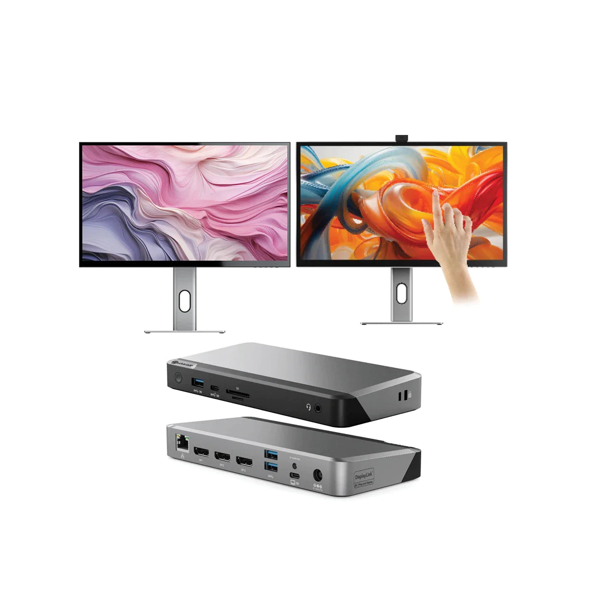 CLARITY 27"� UHD 4K Monitor + Clarity Pro Touch 27" UHD 4K Monitor with 65W PD, Webcam and Touchscreen (Pack of 2) + DX3 Triple 4K Display Universal Docking Station "“ with 100W Power Delivery