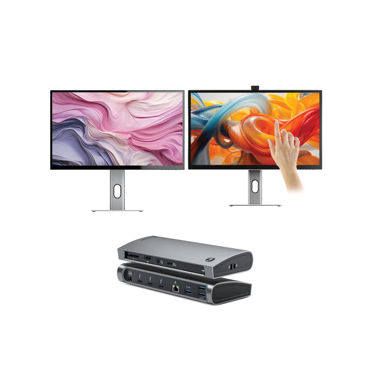 CLARITY 27" UHD 4K Monitor + Clarity Pro Touch 27" UHD 4K Monitor with 65W PD, Webcam and Touchscreen + Thunderbolt 4 BLAZE Docking Station