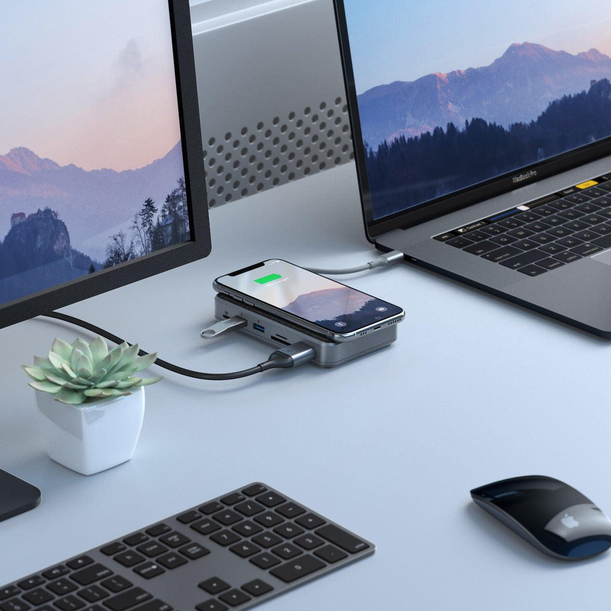 USB-C Dock Wave | ALL-IN-ONE / USB-C Hub with Power Delivery, Power Bank & Wireless Charger - Space Grey