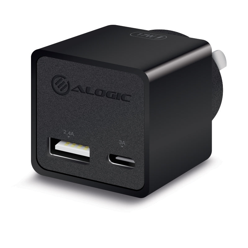 2 Port USB-C & USB-A Mini Wall Charger - 3A + 2.4A - 17W - Black