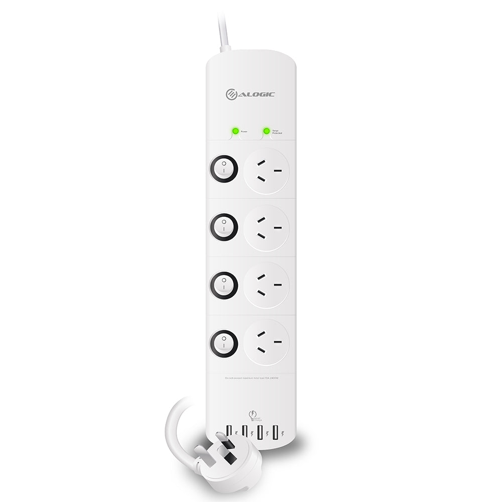 4 Outlet Power Board with Individual Switches & 4 USB Ports (4.5A) - Surge & Overload Protected